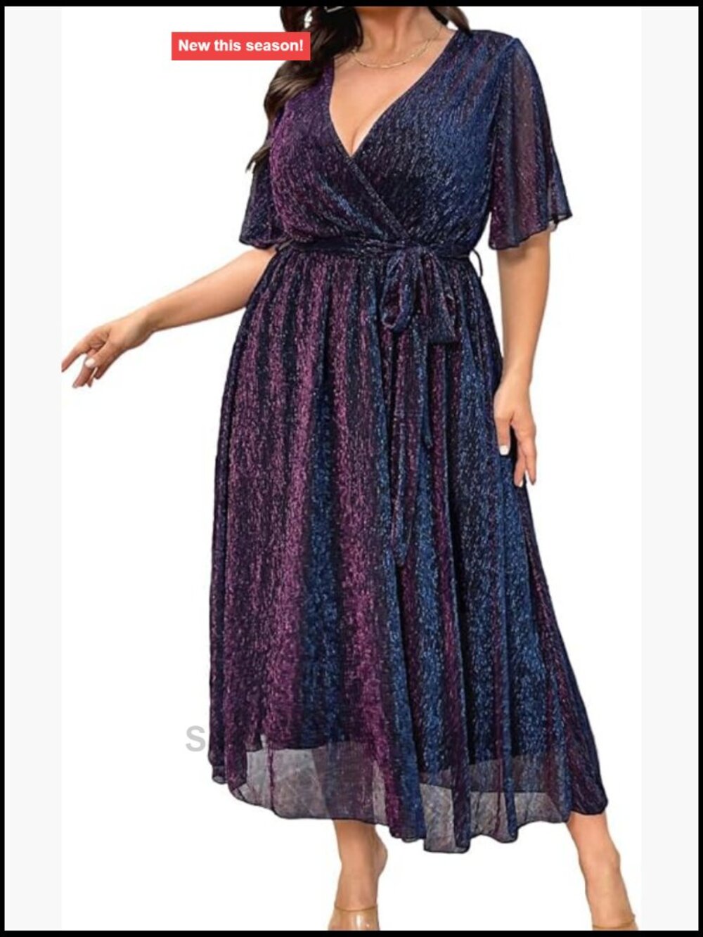 Plus Size Sequin Sparkle Chiffon Mesh Flounce Sleeve V-Neck A-Line Tea Length